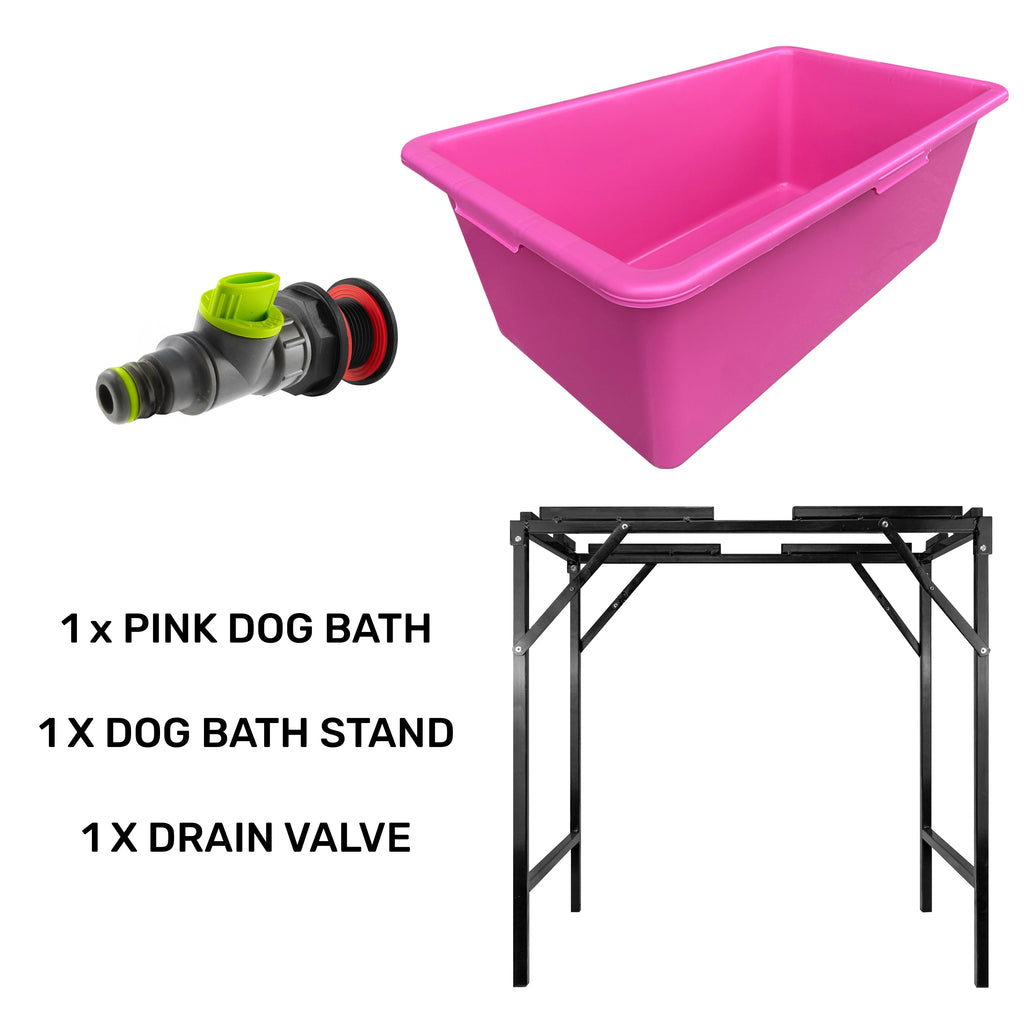 Pink 90L Dog Bath with Stand & Drain Valve – Foldable Pet Grooming Tub